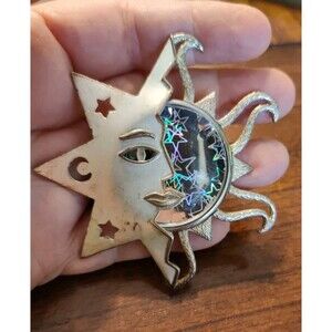 Vtg JJ Sun Moon Stars Face 3" Brooch Pin Silver Tone Celestial Holographic